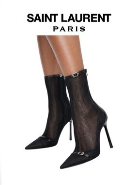 Yves Saint Laurent Black Mesh Pointed Toe Stiletto Ankle Boots